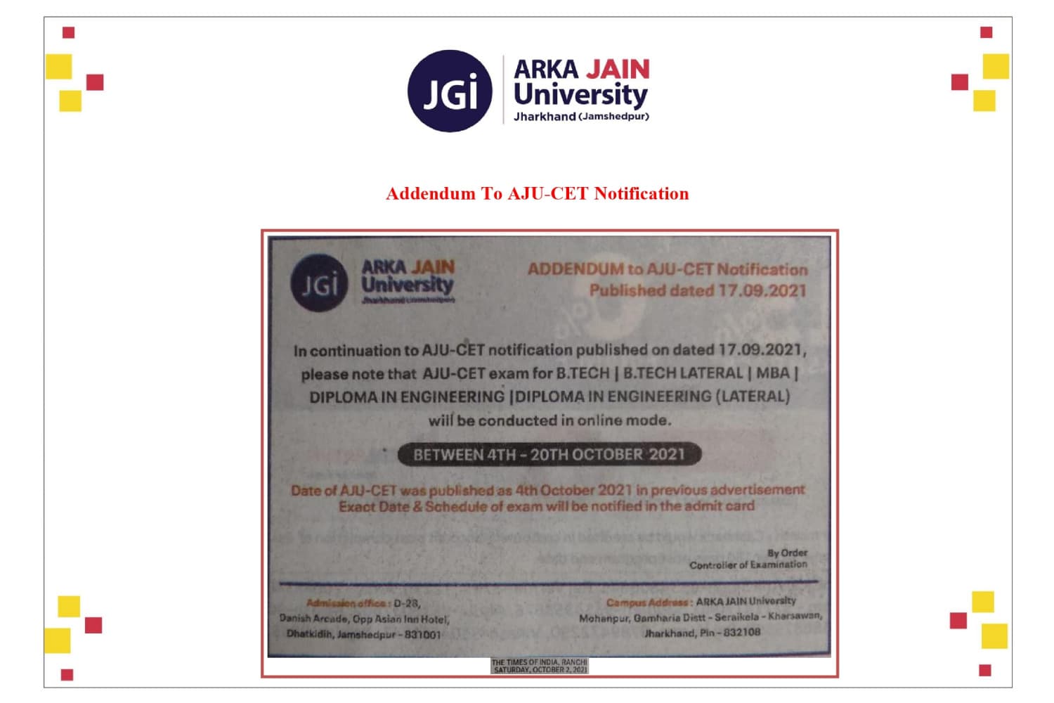 AJU-CET Notification