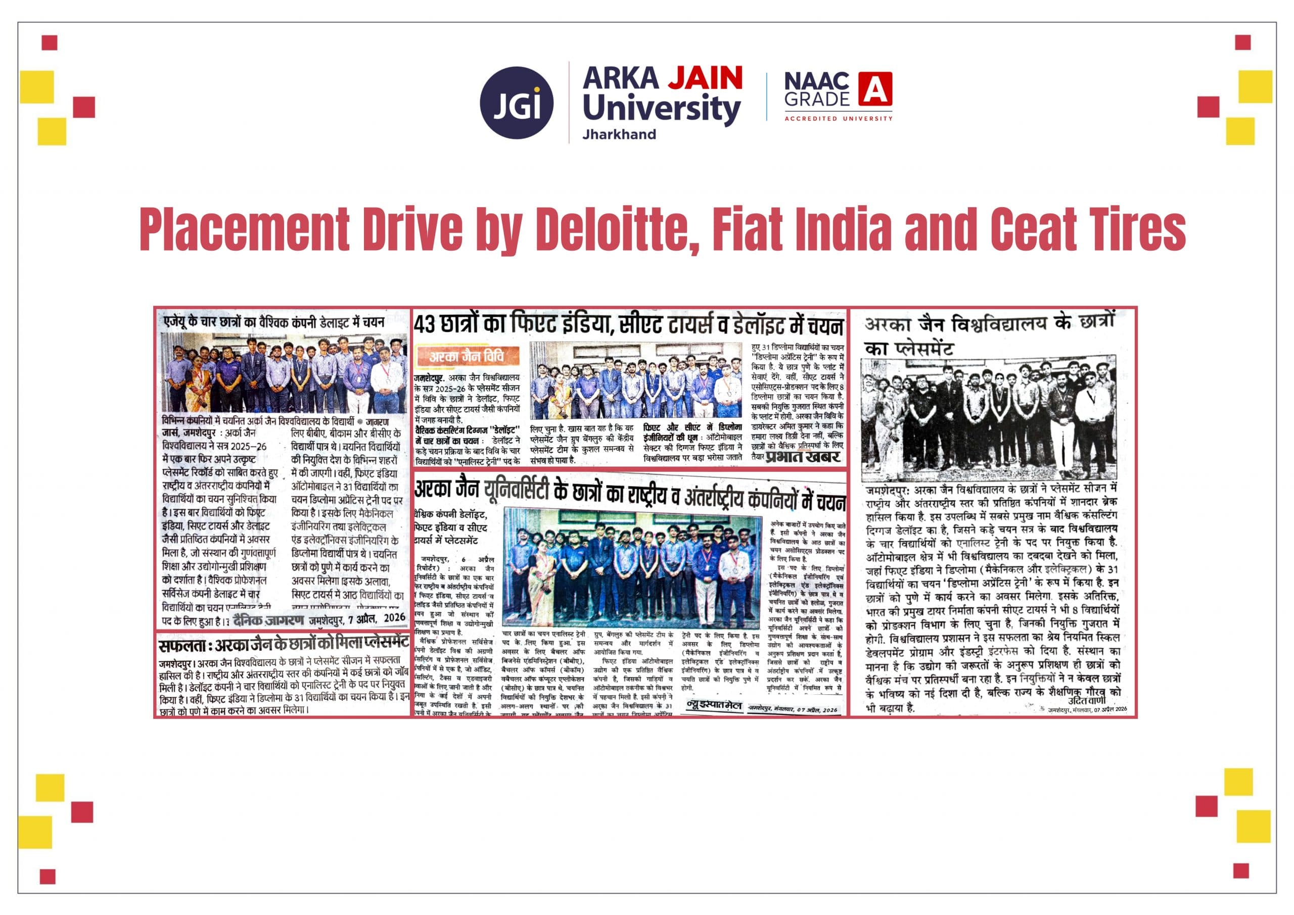 Placement Drive by Deloitte, Fiat India and Ceat Tires Media Coverage