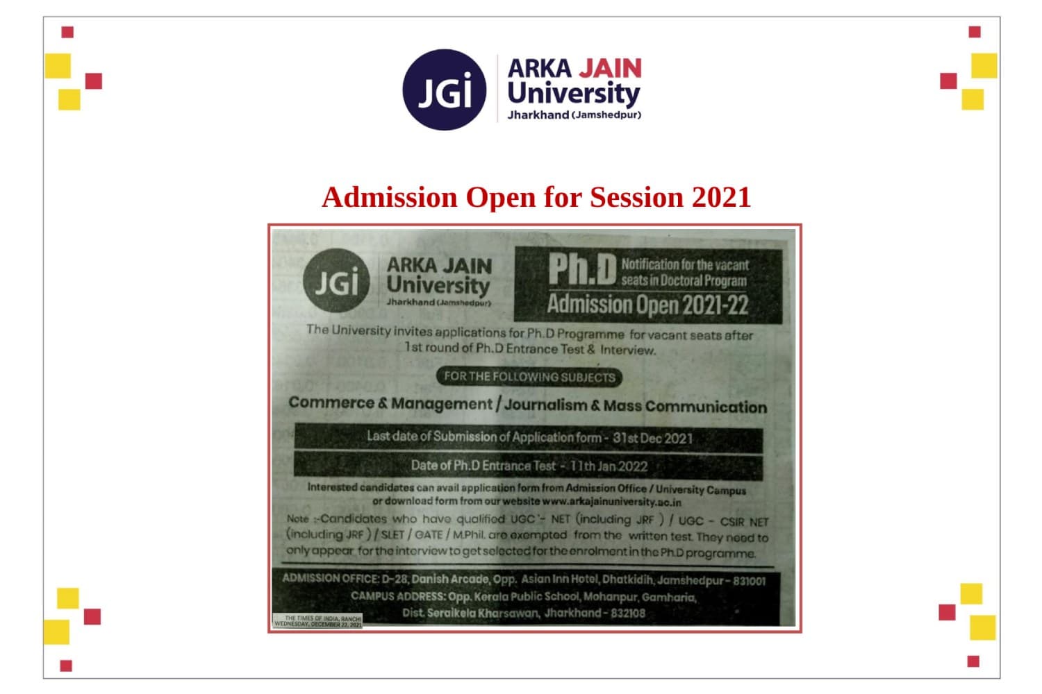 Admission Open For Session 2021