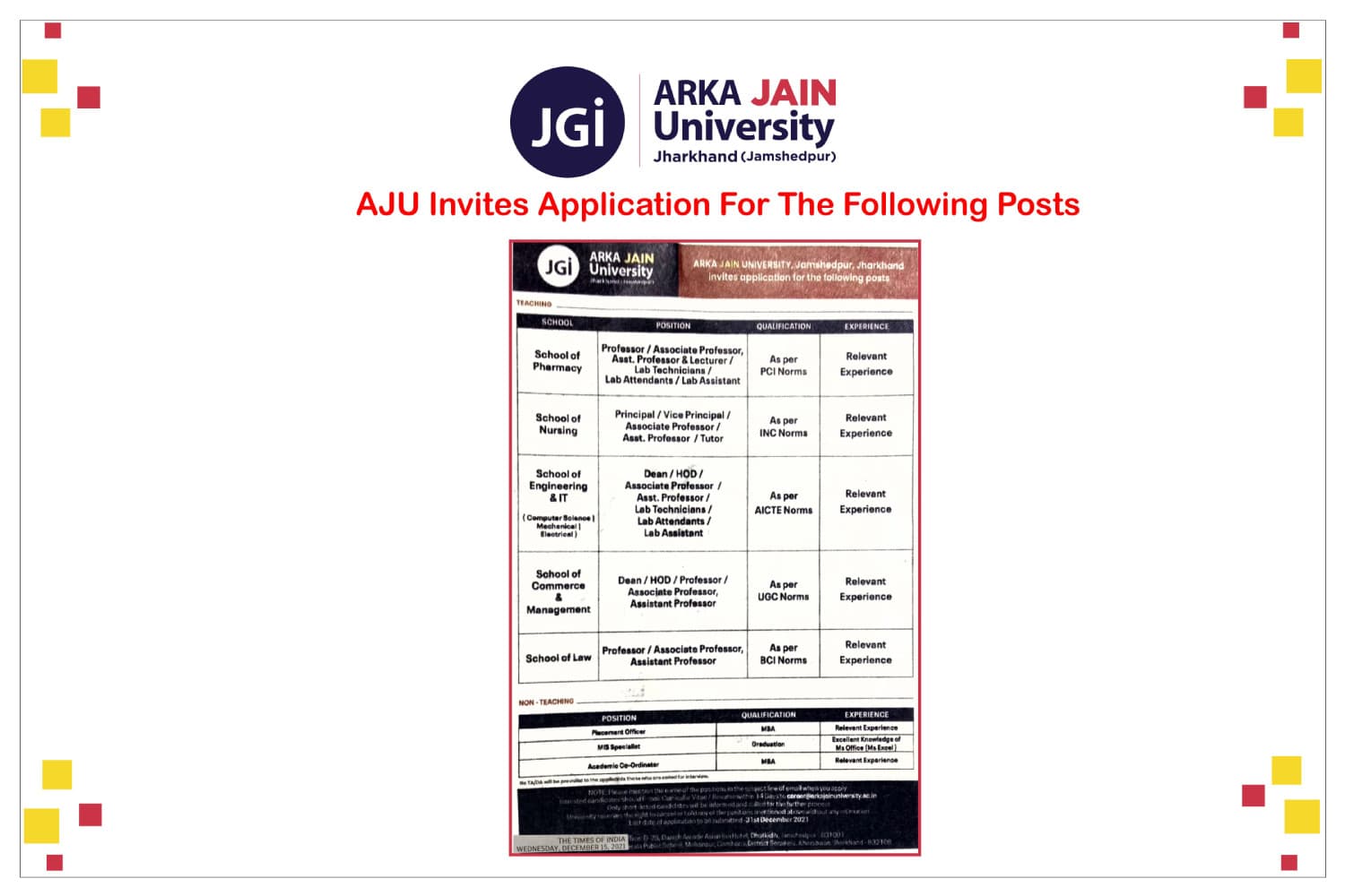AJU Invites Application For The Following Posts