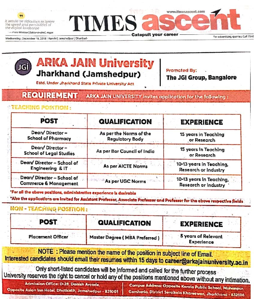 Recruitment Ad on Times Ascent – 19-12-2018
